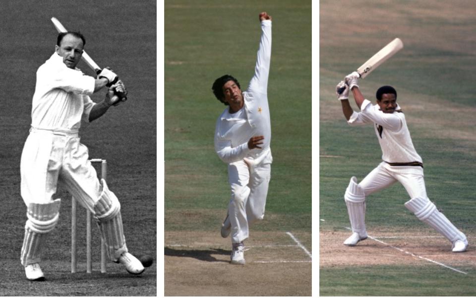 A composite image of Don Bradman batting, Wasim Akram bowling and Garfield Sobers batting - Getty Images/PA/Popperfoto