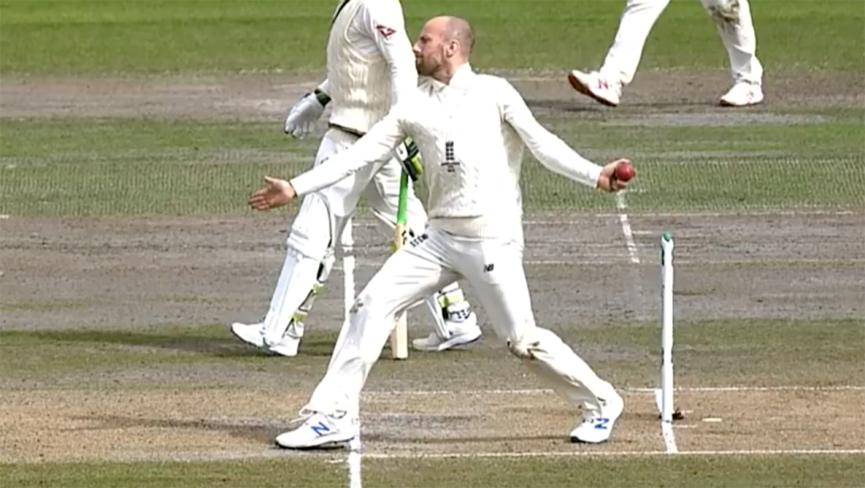 Jack Leach, pictured here bowling a no-ball while dismissing Steve Smith.