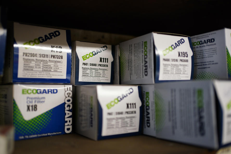 Auto parts are displayed on a shelf at a car repair shop, Wednesday, July 13, 2022, in Collingdale, Pa. Surging prices for gas, food and rent catapulted U.S. inflation to a new four-decade peak in June, further pressuring households and likely sealing the case for another large interest rate hike by the Federal Reserve, with higher borrowing costs to follow. Consumer prices soared 9.1% compared with a year earlier, the government said Wednesday, July 13, 2022, the biggest 12-month increase since 1981, and up from an 8.6% jump in May. (AP Photo/Matt Slocum)