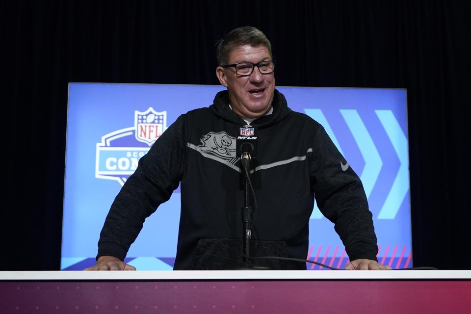 Tampa Bay Buccaneers general manager Jason Licht speaks during a news conference at the NFL football scouting combine, Tuesday, Feb. 28, 2023, in Indianapolis. (AP Photo/Darron Cummings)