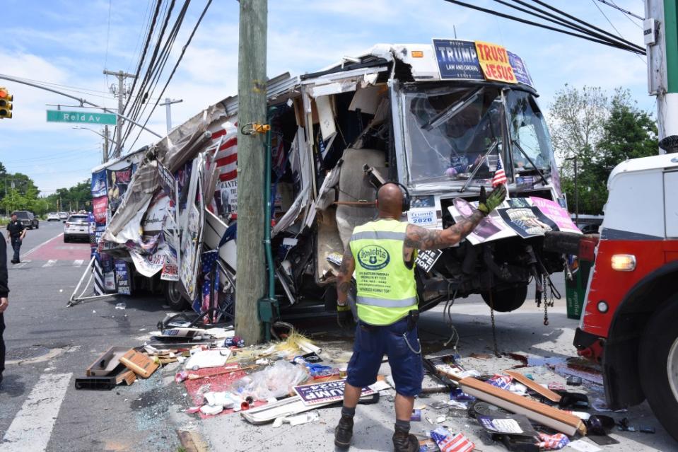 The wrecked vehicle was eventually towed away. White