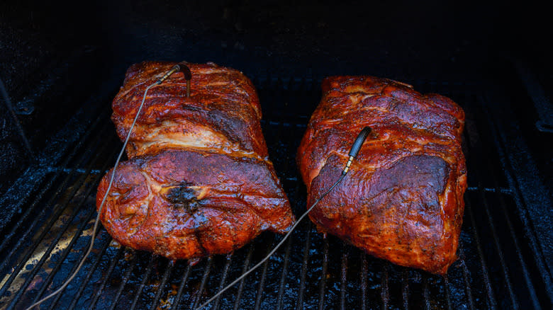 pork shoulder with thermometers 