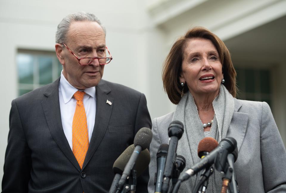 Speaker of the House Nancy Pelosi and Senate Democratic Leader Chuck Schumer speak to the media following a meeting with President Donald Trump about the partial government shutdown at the White House in Washington, DC, Jan. 9, 2019.&nbsp; (Photo: SAUL LOEB via Getty Images)