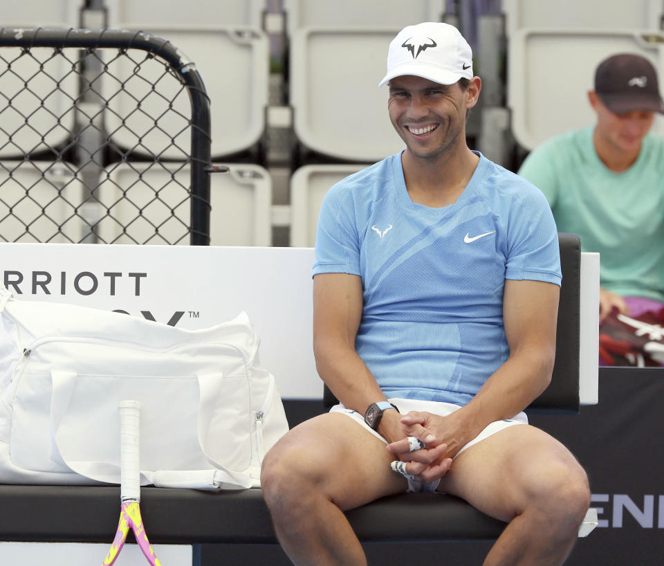 Rafael Nadal of Spain attends a training session ahead of the Brisbane International tennis tournament in Brisbane, Australia, Thursday, Dec. 28, 2023. (AP Photo/Tertius Pickard)