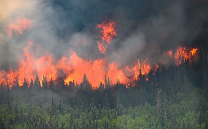 FILE PHOTO: Flames reach upwards along the edge of a wildfire as seen from a Canadian Forces helicopter in Quebec