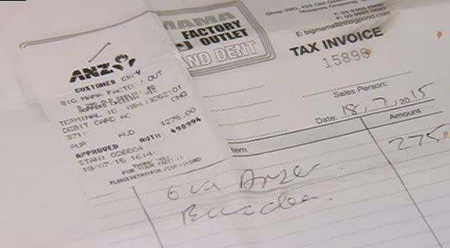 The receipt for the faulty dryer. Source: 7 News
