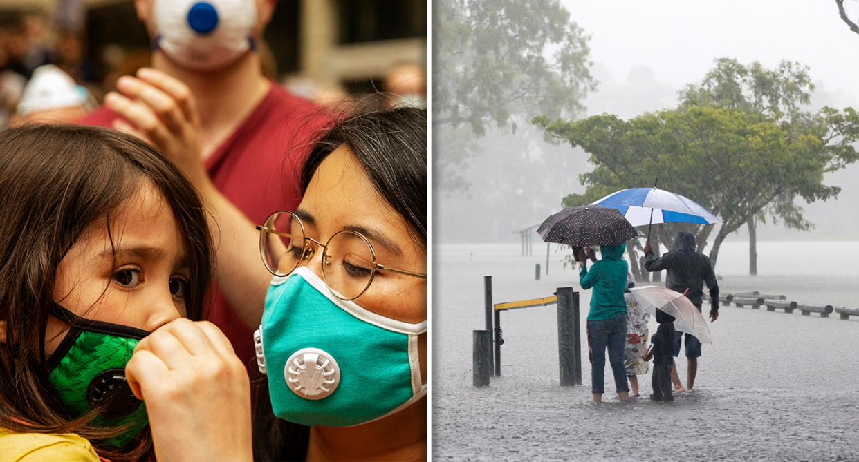 Left - a family wearing gas masks. Right - a family under umbrellas