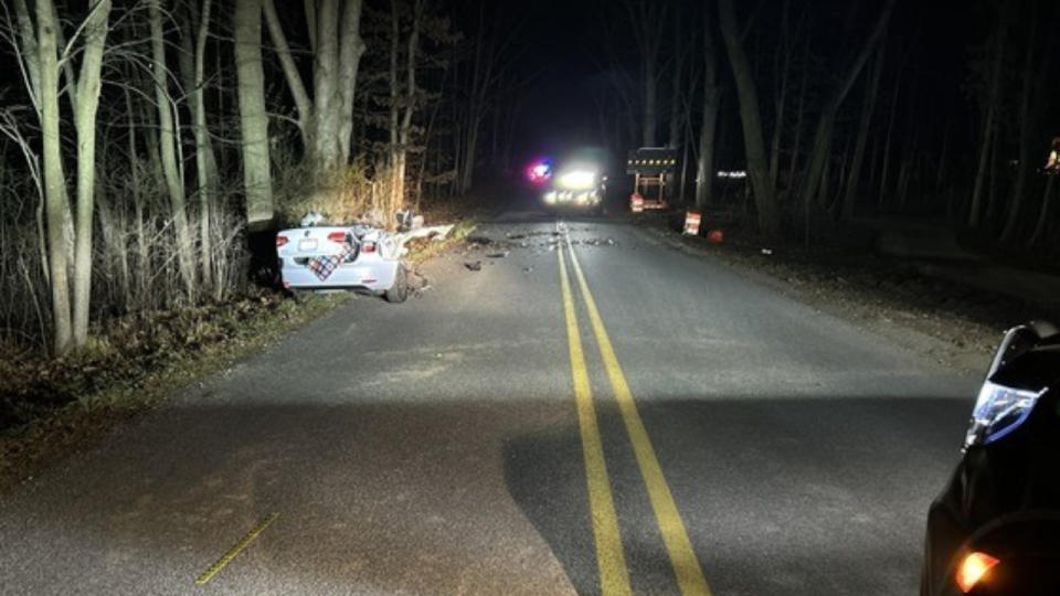 The scene of a crash near Rockford on Nov. 23, 2023, that left one person dead and another hurt. (Courtesy of the Kent County Sheriff’s Office)