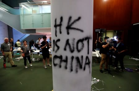 A view shows damages inside the Legislative Council building after protesters stormed it in Hong Kong