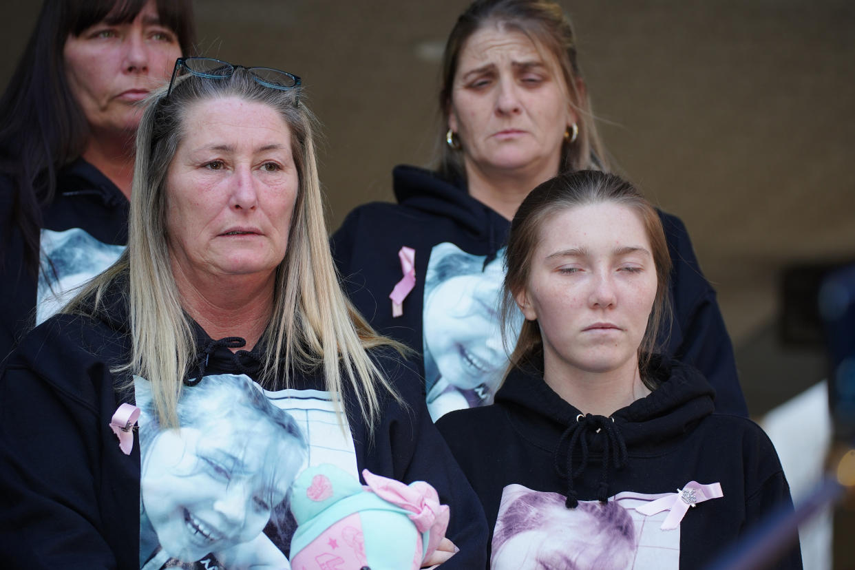 Cheryl Korbel, (left) mother of nine-year-old Olivia Pratt-Korbel outside Manchester Crown Court after Thomas Cashman, 34, of Grenadier Drive, Liverpool, was sentenced to a minimum term of 42 years, for the murder of nine-year-old Olivia Pratt-Korbel, who was shot in her home in Dovecot on August 22 last year, the attempted murder of Joseph Nee, the wounding with intent of Olivia's mother Cheryl Korbel and two counts of possession of a firearm with intent to endanger life. Picture date: Monday April 3, 2023. (Photo by Peter Byrne/PA Images via Getty Images)