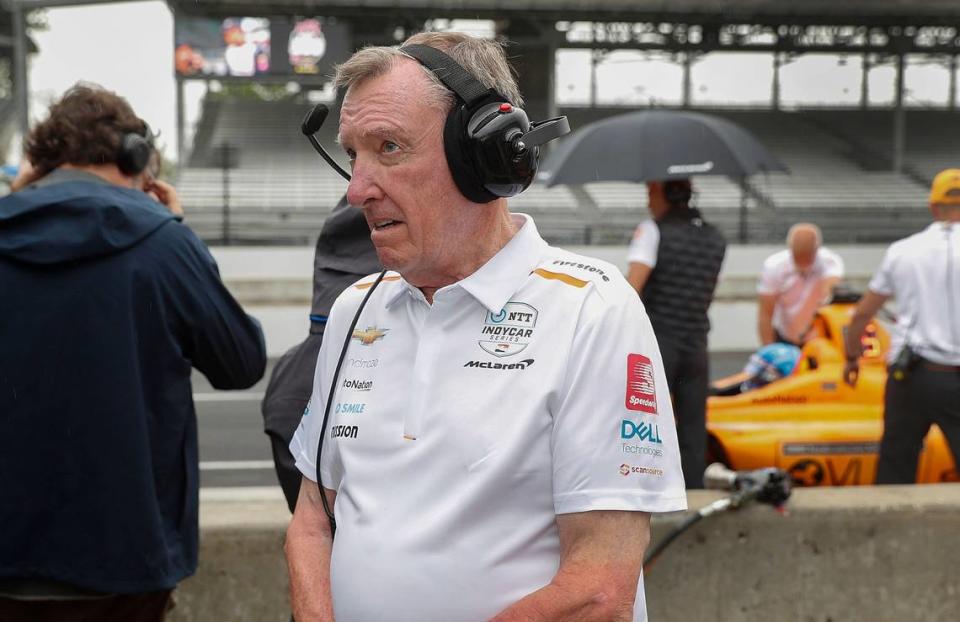 Three-time Indianapolis 500 winner Johnny Rutherford looks on from the McLaren Racing team pit as he was watching Fernando Alonso during their morning practice in this 2019 photo.