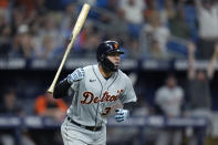 Detroit Tigers' Harold Castro (30) flips his bat after hitting a solo home run off Tampa Bay Rays relief pitcher Andrew Kittredge during the ninth inning of a baseball game Monday, May 16, 2022, in St. Petersburg, Fla. (AP Photo/Chris O'Meara)