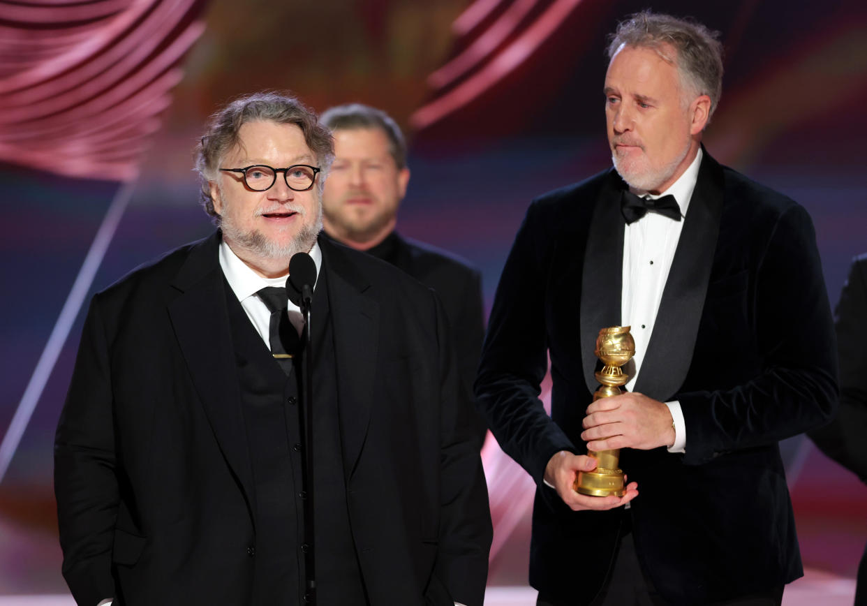BEVERLY HILLS, CALIFORNIA - JANUARY 10: 80th Annual GOLDEN GLOBE AWARDS -- Pictured: (l-r) Guillermo del Toro and Mark Gustafson accept the Best Animated Feature award for 