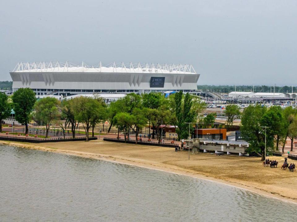 Don Cossacks practise their riding skills on the left bank of Don river outside Rostov Arena (AFP/Getty)