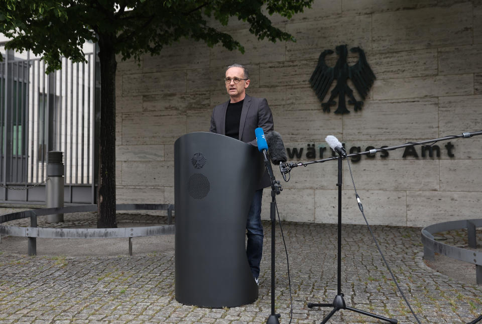 German Foreign Minister Heiko Maas speaks to the media to confirm that Germany has reached an agreement with Namibia over Germany's admitted colonial-era genocide in Berlin, Germany on May 28, 2021.<span class="copyright">Sean Gallup—Getty Images</span>