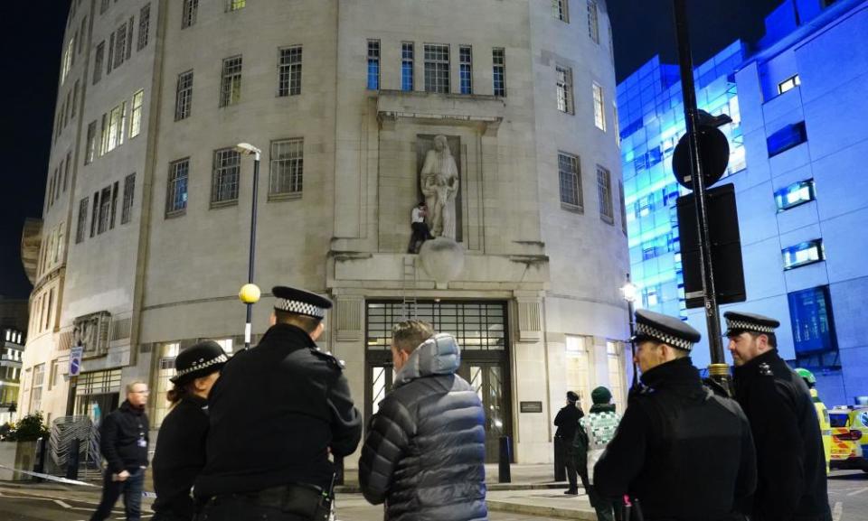 Outside Broadcasting House on Portland Street, Westminster, late on Wednesday afternoon.