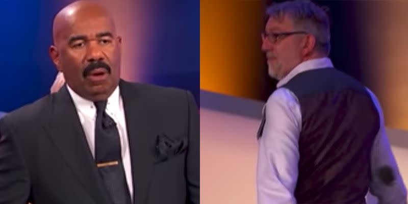 steve harvey’s reaction to a 'family feud' contestant walking off the stage