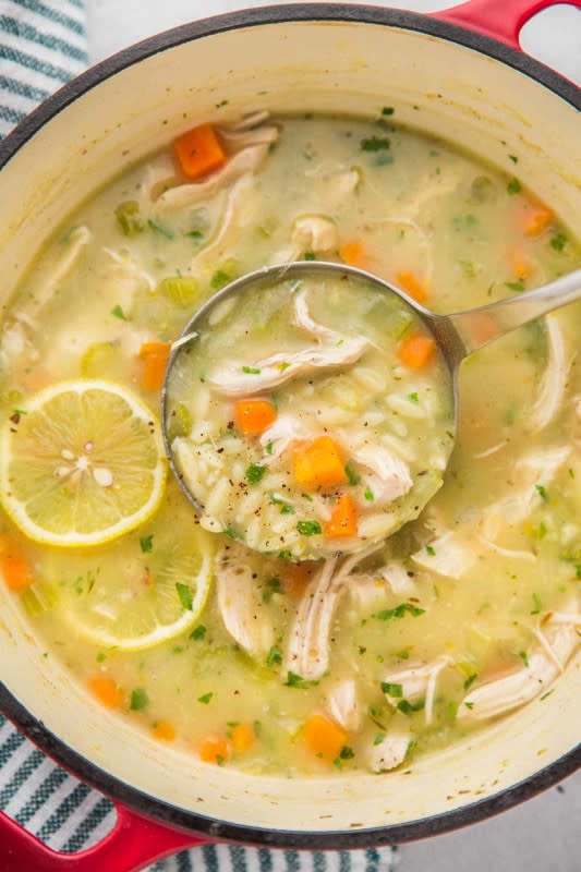 <p>Little Sunny Kitchen</p><p>Get ready to swoon over this Greek-style chicken noodle soup recipe with tender chicken, yummy vegetables, and pasta in a savory and bright lemon infused broth.</p><p><strong>Get the recipe: </strong><a href="https://littlesunnykitchen.com/lemon-chicken-orzo-soup/?fbclid=IwAR3Cdo1wPUaZYiDHX4vzmPPNpH7v5NWg5wBj0rUKgMRJeWDFufenvgwbd7g" rel="nofollow noopener" target="_blank" data-ylk="slk:Lemon Chicken Orzo Soup;elm:context_link;itc:0;sec:content-canvas" class="link rapid-noclick-resp"><strong>Lemon Chicken Orzo Soup</strong></a></p>