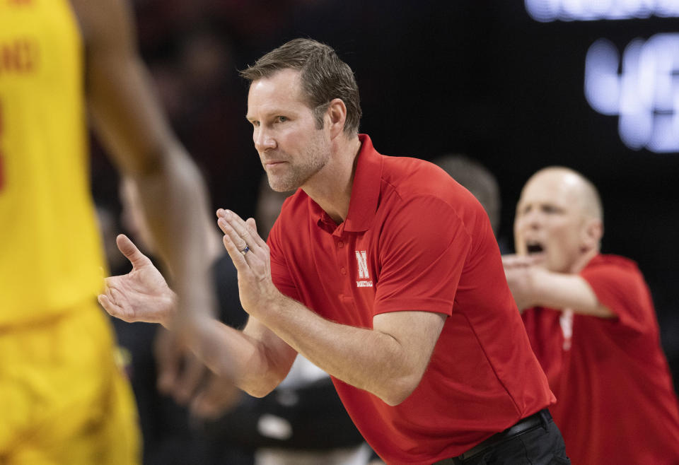Nebraska head coach Fred Hoiberg reacts as his team as they play against Maryland during the second half of an NCAA college basketball game Sunday, Feb. 19, 2023, in Lincoln, Neb. (AP Photo/Rebecca S. Gratz)