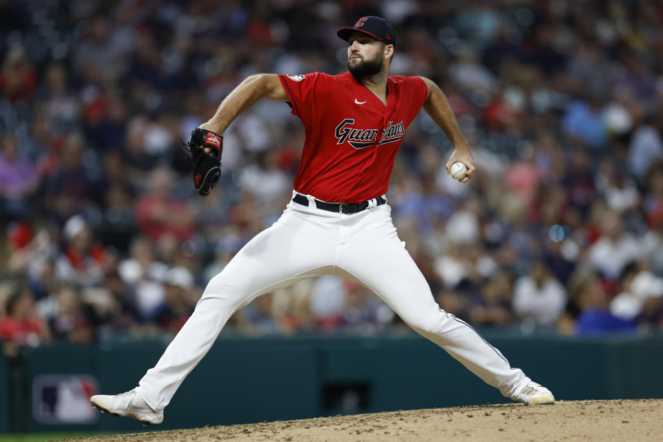 Cleveland Guardians relief pitcher Sam Hentges delivers against the Baltimore Orioles during the seventh inning of a baseball game Wednesday, Aug. 31, 2022, in Cleveland. (AP Photo/Ron Schwane)