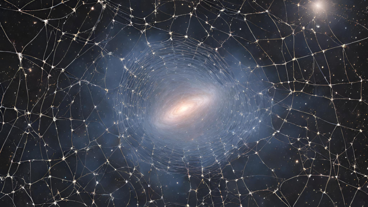  An illustration shows a galaxy ensnared within a cosmic web. . 