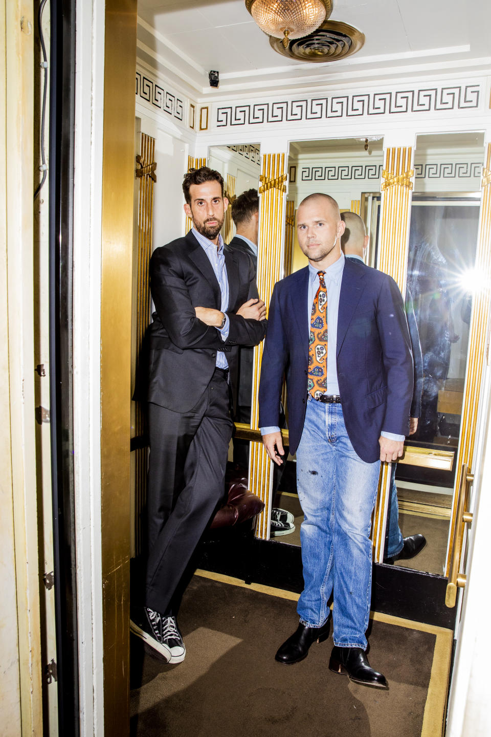 Jason Stewart and Chris Black of podcast 'How Long Gone' at Cafe Carlyle at The Carlyle Hotel in New York City.