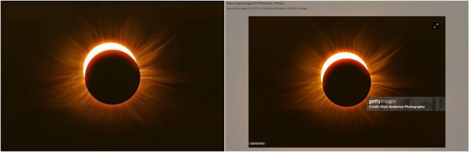 <span>Screenshot comparison of the photo in the false posts (left) and the photo uploaded to Getty Images (right)</span>