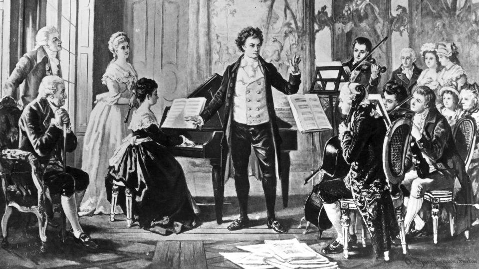 German composer Ludwig van Beethoven (1770-1827) conducting one of his three "Rasumowsky" string quartets, circa 1810. The composer was beset by health problems during his lifetime. - Rischgitz/Hulton Archive/Getty Images