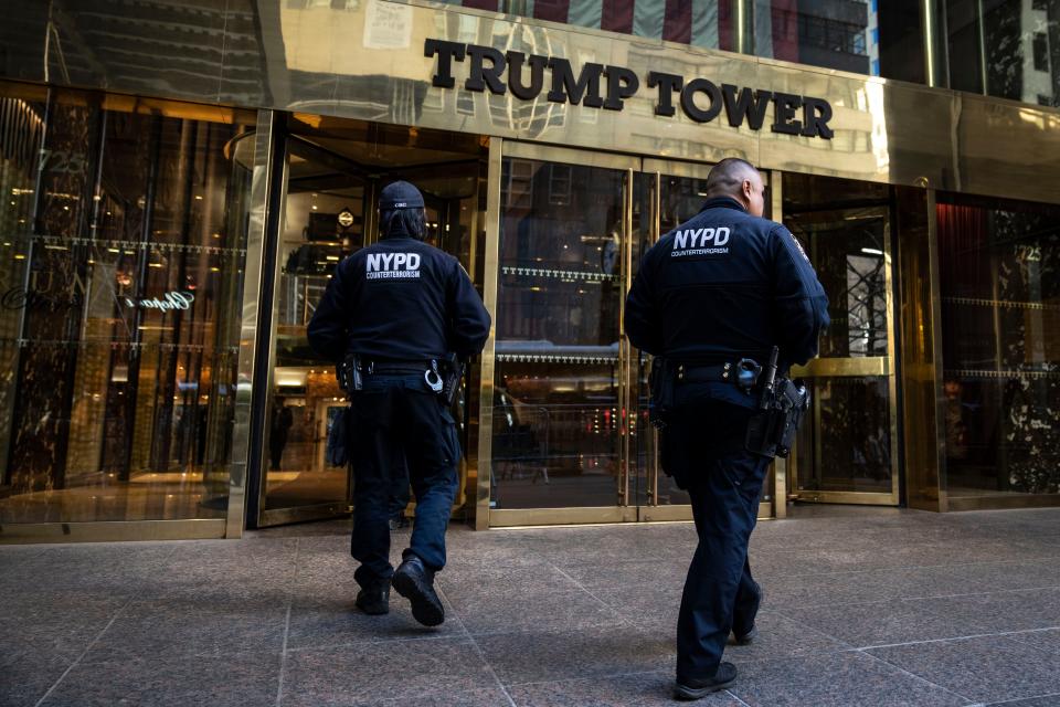 Members of the NYPD Counterterrorism unit patrol outside Trump Tower on Fifth Avenue on April 3, 2023, in New York City. Former President Donald Trump is scheduled to travel to New York City today with an expected arraignment tomorrow at a Manhattan courthouse following his indictment by a grand jury.