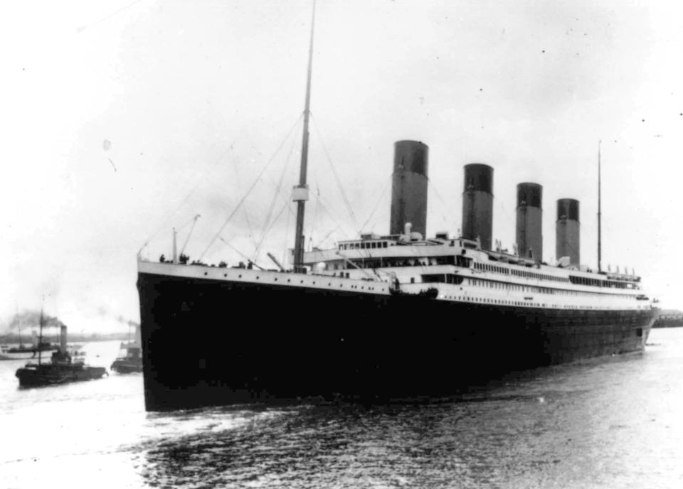 FILE - In this April 10, 1912 file photo the Titanic leaves Southampton, England on her maiden voyage. OceanGate Expeditions, an undersea exploration company, plans to dive to the sunken Titanic to begin what’s expected to be an annual chronicling of the shipwreck’s deterioration. The 109-year-old wreck is being battered by deep-sea currents and metal-eating bacteria. The first dive could be as early as this week. (AP Photo/File)