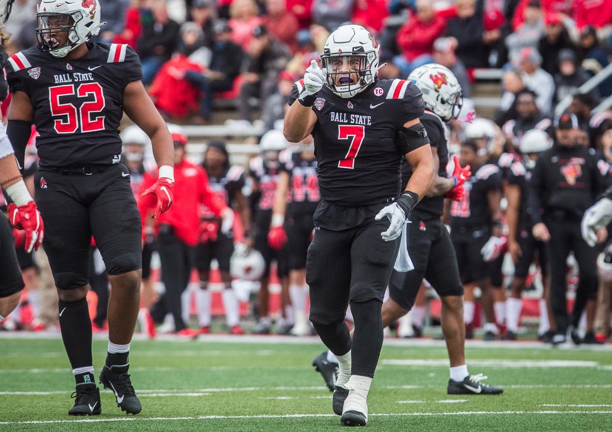 Ball State's Brandon Martin celebrates a stop against Miami of Ohio at Scheumann Stadium Saturday, Oct. 23, 2021. Miami defeated Ball State 24-17.