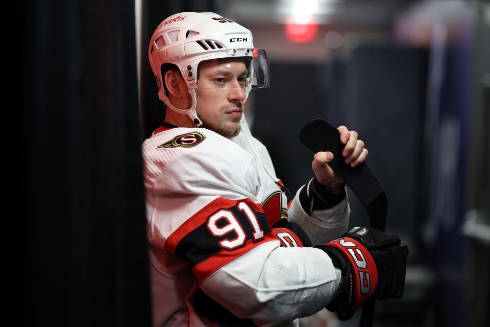 PHILADELPHIA, PENNSYLVANIA - JANUARY 21: Vladimir Tarasenko #91 of the Ottawa Senators looks on before playing against the Philadelphia Flyers at the Wells Fargo Center on January 21, 2024 in Philadelphia, Pennsylvania.