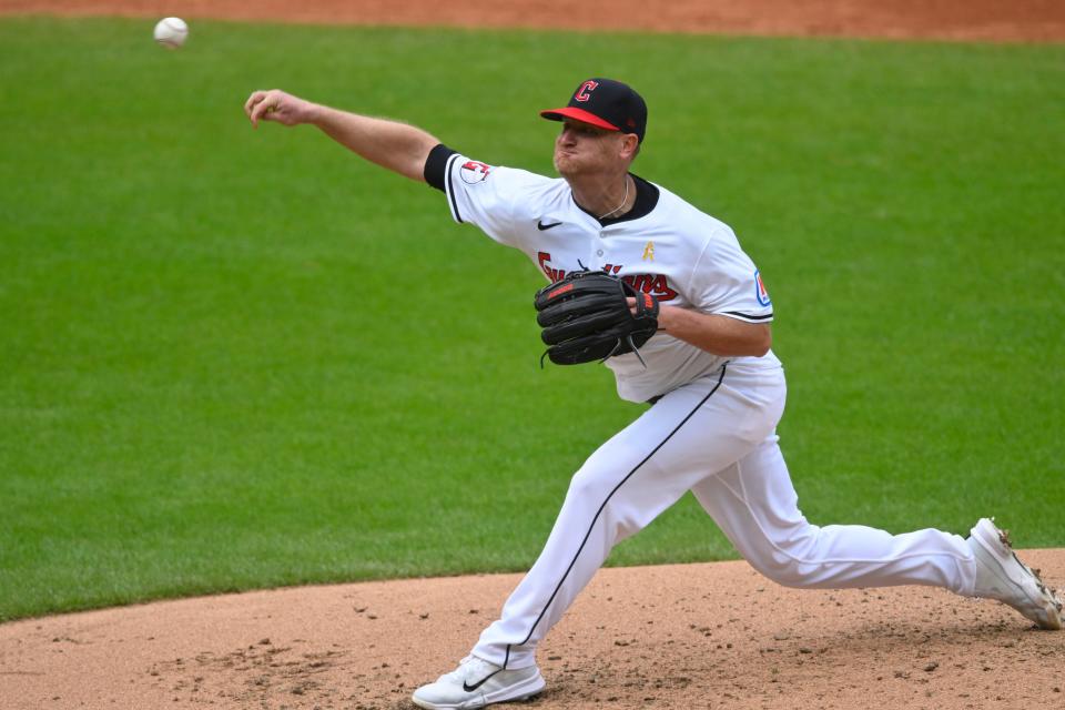 Cleveland Guardians starter Alex Cobb (35) delivers a pitch against the Pittsburgh Pirates on Sunday in Cleveland.