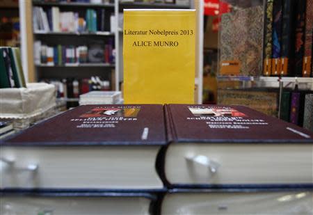 Books by Canadian writer Alice Munro, the 2013 Nobel Prize in Literature winner, are displayed at a bookshop in Vienna October 10, 2013. REUTERS/Heinz-Peter Bader