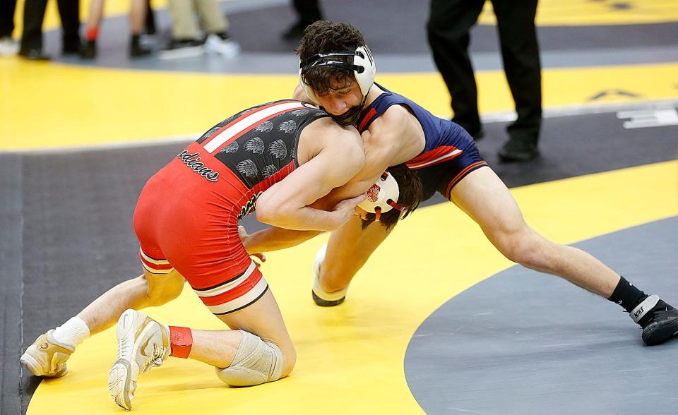 Galion's Gradey Harding wrestles Wauseon's Larry Morenon during their 120 lbs. match at the OHSAA State Wrestling Championships Sunday, March 12, 2023 at the Jerome Schottenstein Center. . TOM E. PUSKAR/ASHLAND TIMES-GAZETTE