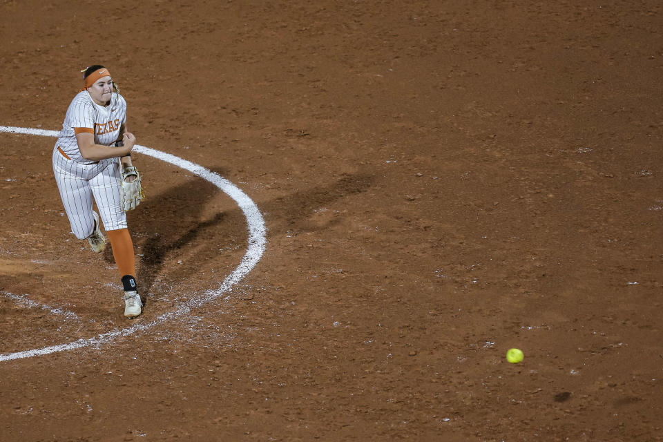 Texas pitcher Shea O'Leary was one of four Longhorns pitchers sent to the circle to battle an Oklahoma team that collectively hits .370. Hailey Dolcini started the 16-1 Game 1 loss.