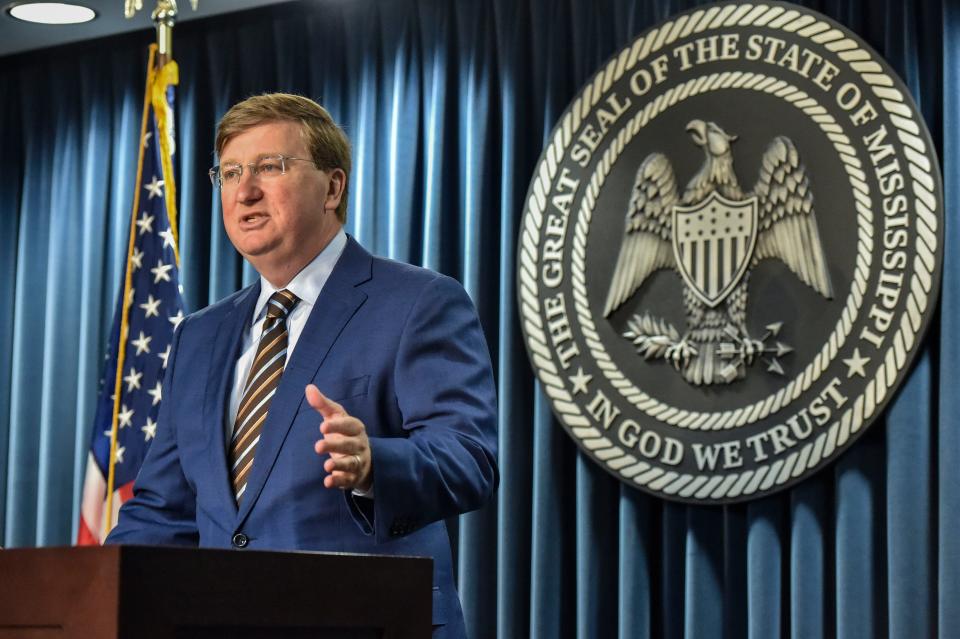 Mississippi Gov. Tate Reeves speaks at a press conference regarding the Rental Assistance for Mississippians Program (RAMP) established during the COVID-19 pandemic in Jackson, Miss., Wednesday, Aug. 3, 2022.