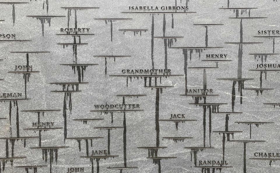 Detail shot of the Memorial to Enslaved Laborers inner wall, with names and memory marks honoring members of UVA’s enslaved community, after the rain.