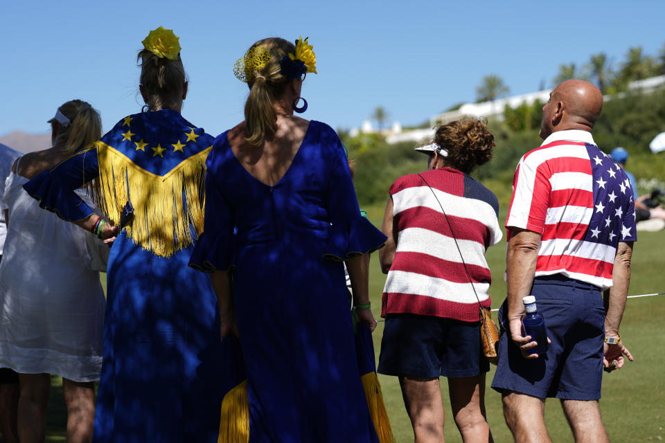 Spectators look on the 2nd tee as they watch the afternoon fourball matches at the Solheim Cup golf tournament in Finca Cortesin, near Casares, southern Spain, Saturday, Sept. 23, 2023. Europe play the United States in this biannual women's golf tournament, which played alternately in Europe and the United States. (AP Photo/Bernat Armangue)