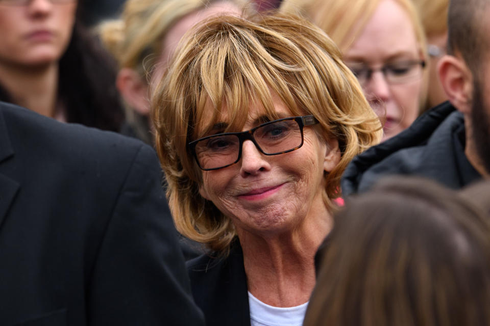 Sue Johnston departs the funeral of Kirsty Howard at All Angels Church on November 3, 2015 in Manchester, England. Kirsty Howard was born with a rare heart condition and on diagnosis, aged four, was given only weeks to live. She defied medical opinion and died on October 24 aged 20. She famously met David Beckham when she accompanied him on to the football pitch as mascot for the 2002 World Cup qualifying match between England and Greece. She went on to raise over 7.5 million GBP for Manchester's Francis House Children's Hospice.  (Photo by Ben Pruchnie/Getty Images)