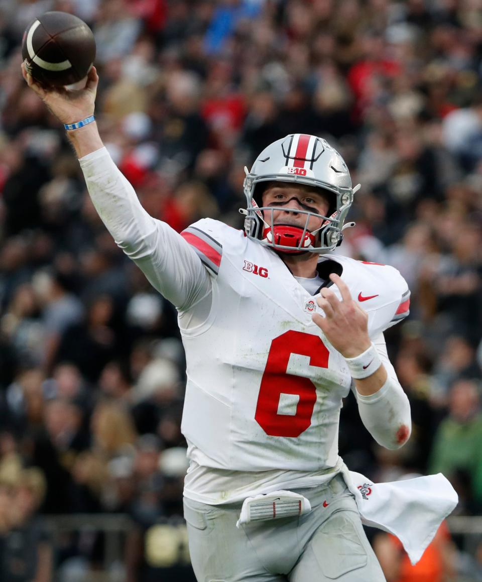 Ohio State Buckeyes quarterback Kyle McCord (6) passes the ball during the NCAA football game against the Purdue Boilermakers, Saturday, Oct. 14, 2023, at Ross-Ade Stadium in West Lafayette, Ind. Ohio State Buckeyes won 41-7.