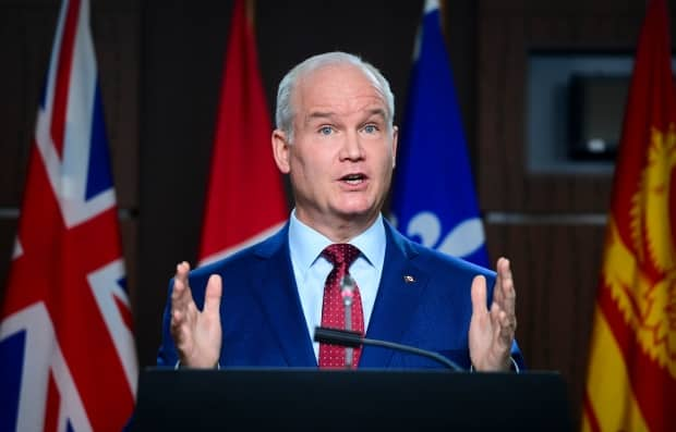 Conservative Leader Erin O'Toole holds a press conference on Parliament Hill in Ottawa on Tuesday, April 6, 2020. Prime Minister Justin Trudeau slammed the Conservative Party's stance on climate change issues Saturday.