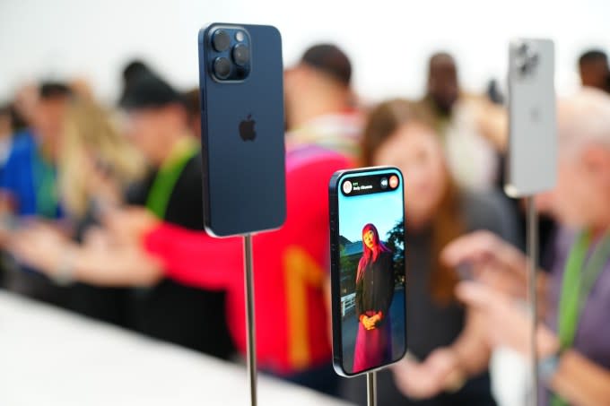 iPhone 15 Pro on stands at the Apple Event 2023