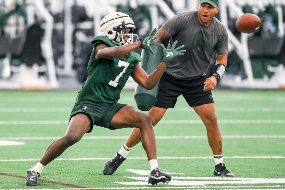 Michigan State wide receiver Antonio Gates Jr. catches a pass during practice on Thursday, Aug. 4, 2022, in East Lansing.