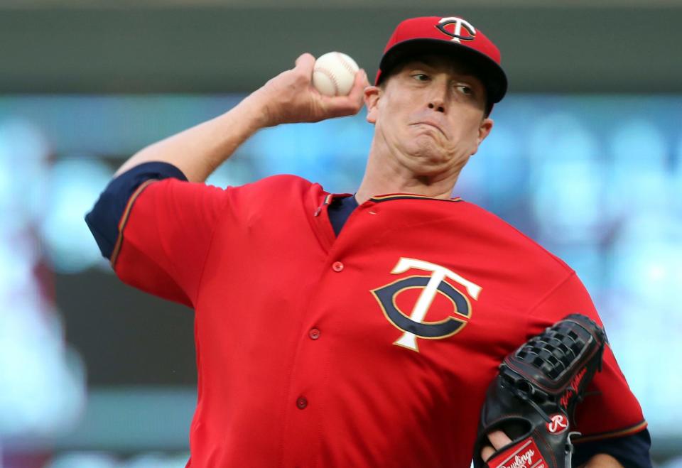 Minnesota Twins pitcher Kyle Gibson throws against the Detroit Tigers in the first inning of a baseball game Friday, Aug. 17, 2018, in Minneapolis.