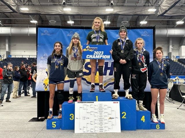 Minisink Valley eighth grader Sara Pauls (top step) captured the 107-pound title at the recent state girls invitational in Syracuse. PHOTO PROVIDED