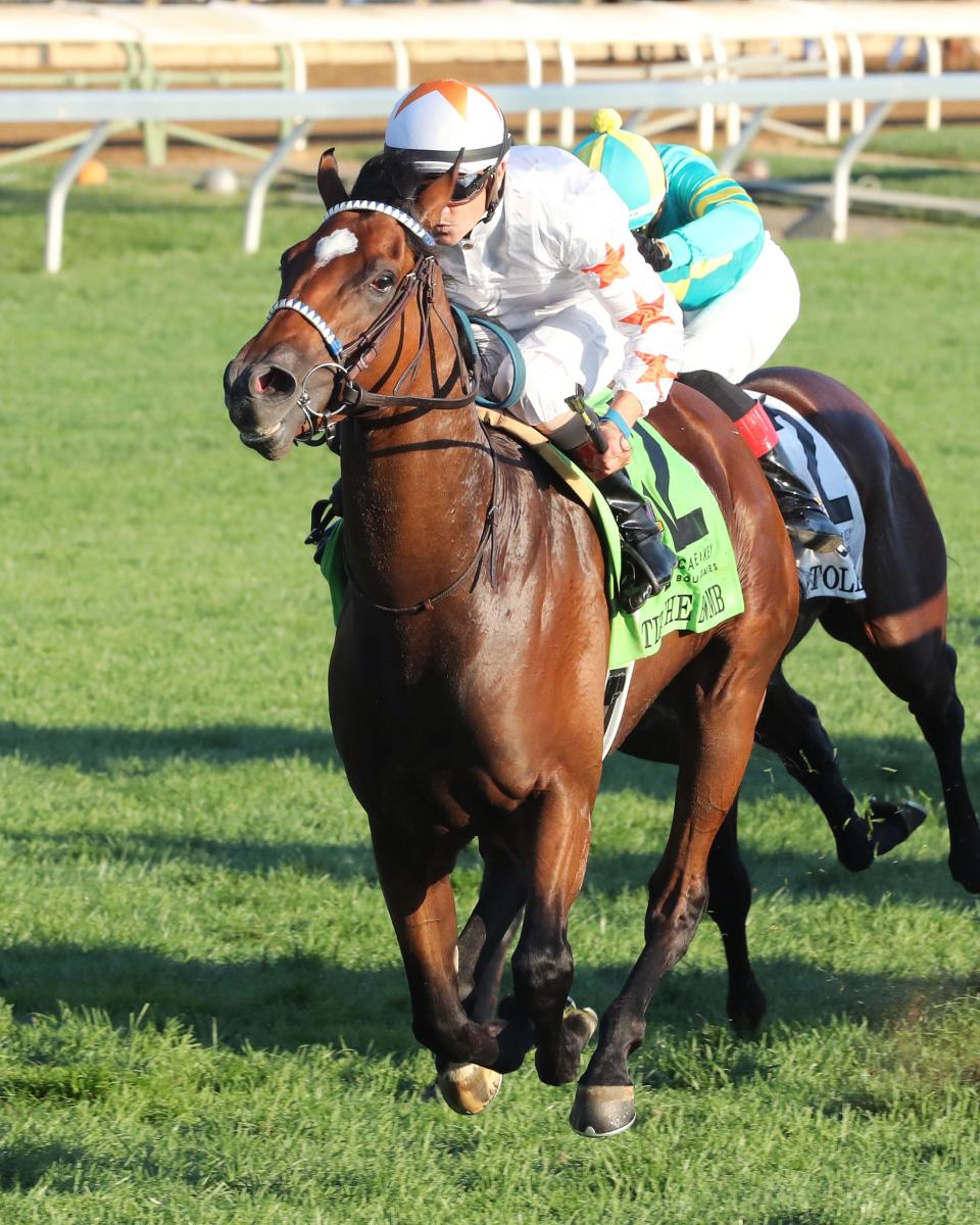 Tiz the Bomb and jockey Brian Hernandez Jr. win the Castle & Key Bourbon on Oct. 10 at Keeneland.