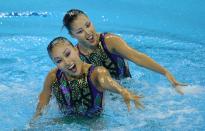 Japan's Yukiko Inui and Chisa Kobayashi compete in the final of the duets free synchronised swimming competition in the FINA World Championships at the indoor stadium of the Oriental Sports Centre in Shanghai on July 22, 2011. PHILIPPE LOPEZ/AFP/Getty Images