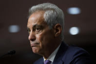 U.S. Ambassador to Japan nominee Rahm Emanuel attends a hearing to examine his nomination before the Senate Foreign Relations Committee on Capitol Hill in Washington, Wednesday, Oct. 20, 2021. (AP Photo/Patrick Semansky)