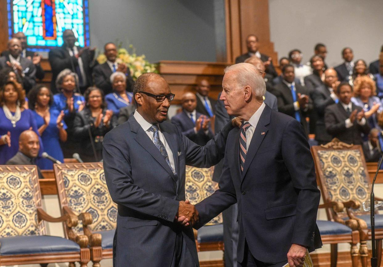 Pastor Jerry Young shakes hands with former Vice President Joe Biden during church services at New Hope Baptist Church in Jackson, Miss. Sunday, March 8, 2020.